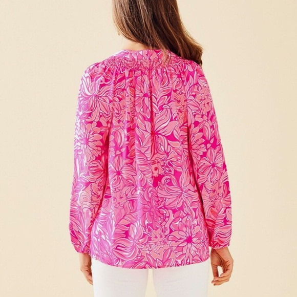 Lilly Pulitzer Elsa Top Pink Pawsitive Cattitude Floral Cats 100% Silk Blouse S - Picture 10 of 11